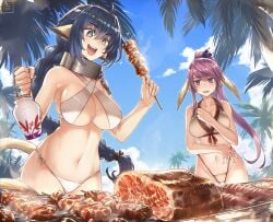 2girls ahoge almost_naked almost_nude antenna_hair barbeque bare_armpits bare_arms bare_belly bare_chest bare_hands bare_hips bare_legs bare_midriff bare_navel bare_shoulders bare_skin bare_thighs belly belly_button bewitching_thighs big_breasts bikini bikini_bottom bikini_only bikini_top blue_eyebrows blue_eyes blue_eyes_female blue_hair blue_hair_female blue_sky braid braided_hair braided_ponytail breasts busty busty_female busty_girl child_bearing_hips clouds collarbone curvaceous curvaceous_body curvaceous_female curvaceous_figure curvaceous_hips curvy curvy_body curvy_female curvy_figure curvy_hips day daylight daytime elbows exposed_armpits exposed_arms exposed_belly exposed_chest exposed_hips exposed_legs exposed_midriff exposed_navel exposed_shoulders exposed_skin exposed_thighs eyebrows_visible_through_hair female female_focus female_only fertile_hips fingernails fingers fumato grilling groin hair_between_eyes halterneck high_resolution highres hourglass_figure karulau large_breasts lean_figure long_hair meat midriff mostly_nude multiple_females multiple_girls naked naked_female naked_woman narrow_waist navel nearly_nude nipple_bulge nude nude_female nudity open_mouth open_mouth_smile outdoor outdoor_nudity outdoors outside parted_lips plump_breasts ponytail practically_nude purple_eyebrows purple_eyes purple_eyes_female purple_hair purple_hair_female shoulders side-tie_bikini simple_background sky slender_body slender_waist slim_waist smile smiley_face smiling standing star-shaped_pupils star_eyes string_bikini swimsuit swimwear thick_thighs thighs tongue touka_(utawarerumono) underboob upper_body upper_teeth utawarerumono utawarerumono:_itsuwari_no_kamen white_bikini white_bikini_bottom white_bikini_top white_string_bikini white_swimsuit white_swimwear wide_hips