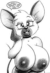 2020 2020s almond_(dutch) anthro areola bedroom_eyes big_breasts breasts buckteeth digital_media_(artwork) drake_fenwick english_text female hi_res huge_breasts lower_lip mammal monochrome mouse murid murine narrowed_eyes nipples nude open_mouth rodent seductive siamese_mouse solo speech_bubble teeth text