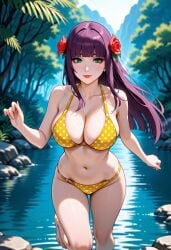 loretta_lecarde castlevania castlevania:_portrait_of_ruin bikini yellow_bikini pale_skin pale-skinned_female ai_generated 1girls purple_hair blue_eyes flower flower_in_hair long_hair red_lipstick red_lips jungle outdoors smile looking_at_viewer smiling_at_viewer large_breasts breasts