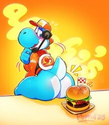 4_fingers anthro ass bacon beef blush blushing burger cyan_body cyan_yoshi dash_food food hamburger hamburger_bun hat headgear headwear lettuce logo mario_(series) mario_kart mario_kart_world meat melted_cheese nintendo poppin sesame_seeds tail tomato yoshi yoshi_(food_slinger)