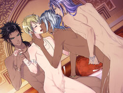 4boys abs anal bl_game black_hair blonde_hair blush censored closed_eyes cum dark_skin ejaculation gay green_eyes group_sex harem jewelry kissing long_hair male male_harem multiple_boys muscle nessa_no_rakuen nude open_mouth penis purple_hair short_hair silver_hair source_request tear yaoi