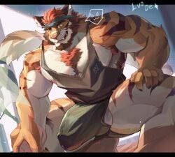 big_muscles chest_hair dick_slip hard_cock headband luodejun male muscular muscular_male nipple_slip open_mouth orange_body pecs peeking_penis precum precum_drip precum_through_clothing precum_through_underwear pubes pubic_hair smile smiling smirk spread_legs squatting tank_top tiger underwear veins veiny veiny_muscles white_body