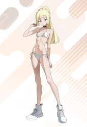 1girls absurdres artist_name bikini black_choker blonde_hair breasts choker female full_body green_eyes hand_up high_ponytail highres hip_bones lillie_(pokemon) long_hair looking_at_viewer navel nintendo otokakoto pokemon pokemon_sm ponytail shoes side-tie_bikini_bottom simple_background small_breasts sneakers solo standing stomach swimsuit white_bikini white_shoes