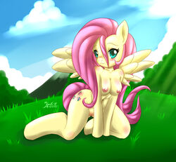 anthro blush breasts color day equine female fluttershy friendship_is_magic furry furry_only hair mn_xenx my_little_pony navel nipples nude outdoors pegasus pink_hair pussy straight_hair wings