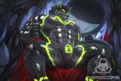3:2 abs anthro balls barazoku biceps big_muscles big_pecs big_penis bodily_fluids canid canine canis erection fur genital_fluids genitals green_highlights grin hi_res highlights_(coloring) kult2k latex latex_body liquid_latex logo low-angle_view male mammal muscular muscular_anthro muscular_male null_bulge pecs penis red_eyes smile solo solo_focus toothy_grin