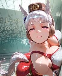 ai_generated artist69 cum female gold_ship_(umamusume) horse_ears horse_girl horse_tail huge_ass huge_breasts looking_at_viewer pressed_against sports_bra umamusume umamusume_pretty_derby