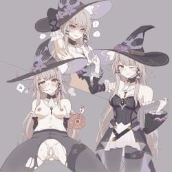 absurdres anger_vein bare_shoulders black_dress black_hat black_pantyhose black_sleeves breasts brown_hair cum cum_in_pussy detached_sleeves dress female grey_background hat herta_(honkai:_star_rail) highres honkai:_star_rail honkai_(series) long_hair medium_breasts multiple_views navel nipples one_eye_closed pantyhose purple_eyes simple_background sleeveless sleeveless_dress the_herta_(honkai:_star_rail) torn_clothes torn_pantyhose treetree_5200 witch_hat