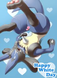 1boy anthro blue cum cumshot fur furry holidays lucario male male_only nintendo on_shoulders orgasm pawpads penis pokemon pokemon_(species) solo white_day