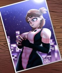 aged_up alternate_version_at_source big_breasts blush bodysuit boku_no_hero_academia brown_eyes brown_hair cute girl hollowhusk moonlight more_at_source muscular_female my_hero_academia nervous night ochako_uraraka ochako_uraraka_(hero_outfit) photography_(artwork) sexy superheroine thick_eyebrows thick_hips tied_hair uraraka_ochako uraraka_ochako_(hero_outfit)