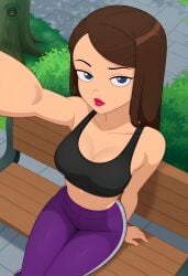 2025 ai_generated alfrehr203 belly black_shorts blue_eyes_female brown_eyebrows brown_hair_female deviantart disney_channel disney_xd gym_uniform hand_on_chair holding_camera holding_viewer long_hair looking_at_viewer meta park_background phineas_and_ferb pink_lipstick purple_pants sitting_on_chair smile_at_viewer smiling_at_viewer taking_selfie tummy vanessa_doofenshmirtz walt_disney_animation_studios walt_disney_television
