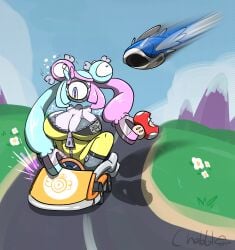 1girls blue_hair blue_shell breast_expansion breasts_popping_out drifting go_kart hair_arms iono_(pokemon) magnemite magnemite_hair_clips magneton magnets mario_(series) mario_kart metal_body multicolored_hair no_arms pink_hair pokemon post_transformation racing racing_suit super_mushroom