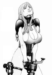 big_breasts breasts character_request cleavage gantz gantz_suit gun large_breasts long_hair monochrome official_art oku_hiroya weapon