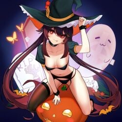 bikini breasts brown_hair female genshin_impact girl hu_tao_(genshin_impact) navel pumpkin symbol-shaped_pupils tongue_out witch