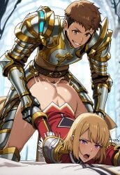 1boy 1girls ai_generated all_fours armor armored_female armored_male betrayal blonde_hair brown_eyes brown_hair cha_hae_in cheating cheating_girlfriend cheating_with_friend co-op_leveling cumming dungeon echoanomaly evil_grin female forced_sex from_behind golden_armor male moaning netorare on_the_ground open_mouth orgasm_face purple_eyes pushing_down red_armor solo_leveling yoo_jinho