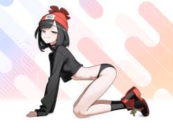 1girls absurdres all_fours beanie black_choker black_hair black_panties black_socks black_sweater breasts choker closed_mouth cropped_sweater female from_side full_body grey_eyes hat highres looking_at_viewer nintendo otokakoto panties pokemon pokemon_sm red_hat red_shoes selene_(pokemon) shoes short_hair small_breasts smile smug socks solo sweater underwear