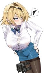 1girls absurd_res black_gloves black_pantyhose blonde_hair blue_eyes blue_skirt blush bowtie breasts cleavage covered_nipples cowboy_shot fingerless_gloves frustrated girls'_frontline girls'_frontline_2:_exilium grenade hair_over_one_eye headband holster kuzumotsu large_breasts medium_hair mole mole_under_eye nikketa_(girls'_frontline_2) no_bra pantyhose pencil_skirt simple_background solo speech_bubble vsk-94_(girls'_frontline) weapon white_background white_shirt
