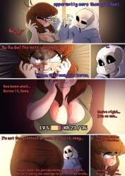 1boy 1girls aged_up balcony big_ass brown_hair burn_scar burning_secrets chara charactober cleavage comic comic_page crying crying_with_eyes_open darky darkynsfw hangover health_bar hi_res highres human human_female jacket karma massive_breasts red_eyes sans self_harm_scars sfw short_hair short_hair_female skeleton slightly_chubby slightly_chubby_female smack striped_shirt trembling voluptuous_female