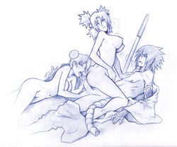 2girls breasts fellatio female group_sex human male monochrome multiple_girls naruto oral sasuke_uchiha sex sketch straight sword tabe-chan temari tenten threesome weapon