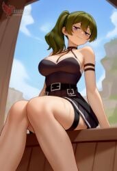 1girls 2d ai_generated ass bare_shoulders barefeet big_ass big_breasts breasts erophoenix feet female female_focus full_body green_hair long_hair looking_at_viewer looking_back miniskirt nude pale_skinned_female patreon_username ponytail smile soles solo solo_female sousou_no_frieren sweat thick thick_thighs toes ubel_(sousou_no_frieren) uncensored