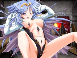 1girls blue_eyes blue_hair blush breasts cape circlet clothing embarrassed female female_only gloves large_breasts lightning_warrior_raidy long_hair lost_clothes nipples nude solo sorceress_(lightning_warrior_raidy) spread_legs torn_clothes wince