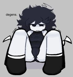 1other ambiguous_gender arcaned_roses bulge forsaken_(roblox) messy_hair nonbinary nonbinary_(lore) roblox roblox_game roses_arcaned sitting spread_legs text tired_eyes two_time two_time_(forsaken)