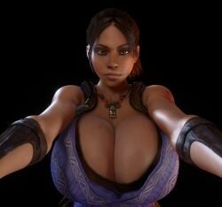 3d 3d_(artwork) african african_female alternate_breast_size arms_around_viewer big_breasts breast_focus breasts breasts_bigger_than_head brown_hair brown_hair_female cleavage close-up close_up closeup clothed clothed_female dark-skinned_female dark_skin enormous_breasts eye_contact face_focus fingerless_gloves gigantic_breasts gloves hi_res high_resolution highres huge_breasts large_breasts lips long_hair looking_at_viewer massive_breasts necklace pants ponytail resident_evil resident_evil_5 sheva_alomar tactical_gear top_heavy upper_body vaako
