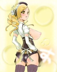 ass beret blonde_hair breasts drill_hair fingerless_gloves gloves hair_ornament hat labia large_breasts magical_girl mahou_shoujo_madoka_magica panties pussy soi_(tesurinopost) tomoe_mami underwear vertical-striped_legwear vertical-striped_thighhighs vertical_stripes yellow_eyes