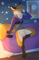 absurd_res animal_genitalia anthro balls bed biped bottomless canid canine casual_exposure closed_eyes clothed clothing electronics eyewear fluffy fluffy_tail fox fully_sheathed fur furniture genitals glasses headphones hi_res hoodie inside listening_to_music male male_only mammal on_bed paws pillow relaxing sheath sitting smile solo tail tan_body tan_fur topwear trevart white_body white_fur