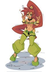 1girls adapted_costume arabian_clothes ben_10 full_body green_eyes harem_pants high_ponytail implied_transformation jmermelade pointy_shoes ponytail red_hair shantae shantae_(character) simple_background tubetop very_long_hair