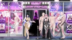 4boys 4girls after_blowjob ass_grab black_hair blowjob blue_hair breast_grab breasts cum cum_in_mouth cum_inside dress escort golden_dress groping holding_hair hololive hololive_english imminent_sex irys_(hololive) kissing leggings lifting lipstick_mark lipstick_on_penis long_xue money mori_calliope nerissa_ravencroft on_her_knees on_knees pink_eyes pink_hair pulling_hair purple_hair race_queen raora_panthera red_eyes sports_bra sportswear standing strip_club