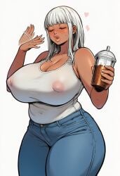 1girls blunt_bangs blush breasts closed_eyes dark_skin fanning_self female hard_nipples holding_drink huge_ass jeans nipples novelai oiled original original_character plump tall_female thick_lips white_hair