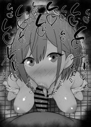 1boy 1girls :>= ahoge bare_shoulders big_penis black_and_white blush censored danjo_no_yuujou_wa_seiritsu_suru detailed_background drooling eyelashes fellatio female hair_over_one_eye heart human indoor inside inuzuka_himari kurotama looking_at_viewer male male_pov oral oral_sex penis room saliva school_uniform shiny shiny_skin short_hair sketch sound_effects squatting student sweat text tongue_out vein veins veiny veiny_penis