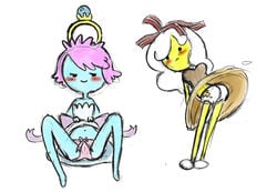 2girls adventure_time artist_request bacon blue_skin blush breakfast_princess cartoon_network engagement_ring_princess female long_hair multiple_girls short_hair tagme upskirt white_hair yellow_skin