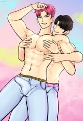 2boys abby_(kpop_demon_hunters) abs big_pecs black_hair bulge gay hands_on_breasts jeans jinu_(kpop_demon_hunters) kpop_demon_hunters male male/male male_only nexophyte nipples peace_sign pecs pink_hair saja_boys shiny_skin shirtless shirtless_(male) shirtless_male smirk smirking smirking_at_viewer tight_clothing yaoi