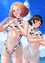 2girls absurdres animal_print apron bikini blue_eyes braid breasts brown_hair cow_print cow_print_bikini crossed_arms crown_braid haru_okumura heart heart_hands highres ikhwan_maulana makoto_niijima matsuo95 medium_breasts one-piece_swimsuit one_eye_closed outdoors persona persona_5 print_bikini red_eyes revealing_clothes see-through_apron see-through_clothes short_hair swimsuit