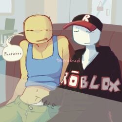 gay guest_(roblox) hand_in_pants handjob male/male no_visible_genitalia noob_(roblox) public_domain public_sex roblox robloxian self_upload stealth_sex watermark