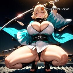 ahoge ai_generated alternate_breast_size arm_guards arm_up ass_visible_through_thighs black_bow black_panties black_scarf blonde_hair bow breasts cleavage fate/grand_order feet female full_body hairbow haori holding holding_sword holding_weapon huge_breasts japanese_armor japanese_clothes katana kimono kote legs long_sleeves looking_at_viewer meitabuu night night_sky obi okita_souji_(fate) okita_souji_(koha-ace) okita_souji_(third_ascension)_(fate) on_roof open_mouth outdoors panties parted_lips rooftop sandals sash scarf sheath shinsengumi shiny_skin short_hair short_kimono sky solo spread_legs squatting sword thick_thighs thighs tiptoes toeless_footwear toeless_legwear toenails toes underwear weapon white_kimono wide_sleeves yellow_eyes