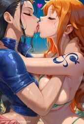 ai_generated beach bikini busty cleavage commission duo huge_breasts kissing nami_(one_piece) nico_robin one_piece passionate patreon patreon_url patreon_username public sinderellaart thick voluptuous yuri yuri
