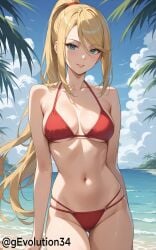 1girls ai_generated beach beach_background bikini blonde_hair blonde_hair_female breasts female female_only gloriousevolution34 metroid nintendo ponytail samus_aran solo_female