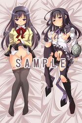 akemi_homura black_hair black_legwear black_pantyhose breasts censor_bar censored dakimakura hairband long_hair lying magical_girl mahou_shoujo_madoka_magica nipples on_bed panties panty_pull pantyhose purple_eyes pussy school_uniform shield skirt skirt_lift spread_legs torn_clothes torn_pantyhose underwear yamazaki_kazu