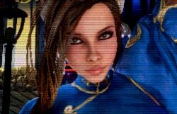 3d 3d_(artwork) action_pose asymmetrical_hair big_lips blaze_fielding brown_hair brown_hair_female capcom chun-li_(cosplay) close-up close_up closeup clothed clothed_female eye_contact female female_only filter human human_female human_only lips looking_at_viewer pixel_art plump_lips solo solo_female street_fighter streets_of_rage streets_of_rage_4 vaako