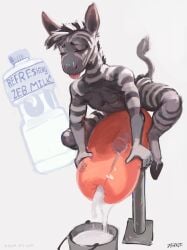 7b7a2f anthro blep bodily_fluids breeding_mount bucket closed_eyes container cum cum_in_bucket cum_in_container ejaculation equid equine featureless_chest genital_fluids genitals hi_res hooves male mammal nude nude_anthro nude_male penetrable_sex_toy penis penis_in_sex_toy sex_toy simple_background solo tongue tongue_out white_background zebra