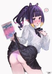 1girls :o ao-chan_(ninomae_ina'nis) ass black_ribbon black_skirt blunt_bangs blush bra bra_visible_through_clothes clothes_lift collared_shirt colored_inner_hair flashing from_behind gradient_hair hand_up highres hololive hololive_english jun_wei looking_at_viewer looking_back medium_hair miniskirt multicolored_hair neck_ribbon ninomae_ina'nis ninomae_ina'nis_(school_uniform) official_alternate_costume official_alternate_hairstyle open_mouth orange_hair panties pantyshot pink_bra pink_hair pink_panties plaid_clothes plaid_skirt pleated_skirt pointy_ears purple_eyes purple_hair ribbon school_uniform shirt shirt_tucked_in side_ponytail sidelocks simple_background skirt skirt_lift solo spoken_blush tentacle_hair underwear virtual_youtuber white_background white_shirt