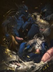 absurd_res avian blindfold bodily_fluids bovid branding branding_mark caprine cum demon dragon drangir finger_in_mouth forced forced_oral genital_fluids genitals goat hi_res magic magic_user mammal mythological_creature mythological_scalie mythology oral penis scalie sex size_difference tzeentch
