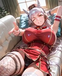 ai_generated artist69 cum female fishnets gigantic_breasts gold_ship_(umamusume) horse_girl horse_tail huge_ass huge_breasts looking_at_viewer lying panties smile smiling stockings umamusume umamusume_pretty_derby upskirt wink