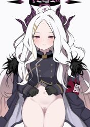 absurdres ahoge black_coat black_gloves black_halo blue_archive blush coat coat_on_shoulders demon_girl demon_horns demon_wings female gloves halo highres hina_(blue_archive) horns kumano_foo long_hair looking_at_viewer navel panties pubic_hair purple_eyes side-tie_panties simple_background solo sparse_pubic_hair standing underwear white_background white_hair wings