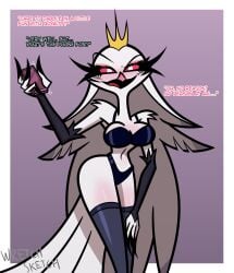 1girls accurate_art_style avian avian_humanoid beak big_breasts bird bird_humanoid bird_tail black_bra black_panties blush crown demon demon_girl dialogue eyelashes feathers female female_focus female_only grin helluva_boss humanoid long_hair milf pink_eyes sharp_fingernails simple_background smile stella_(helluva_boss) stockings tagme text thick_thighs tiara underwear white_body white_hair wretch_sketch