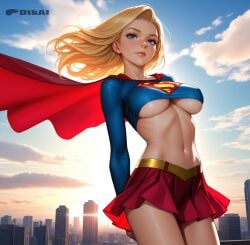 1girls ai_generated big_ass cape city dc dc_comics dtkai hands_behind_back large_breasts light_smile looking_at_viewer miniskirt outside sunlight sunshine supergirl underboob