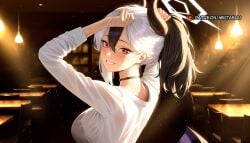 adjusting_hair ai_generated arms_up black_bra black_choker black_hair black_horns blurry blurry_background blush bra bra_visible_through_clothes breasts choker demon_horns female from_behind grin hair_between_eyes halo holding holding_hair horns indoors kayoko_(blue_archive) large_breasts light_rays long_hair long_sleeves looking_at_viewer looking_back meitabuu multicolored_hair nape ponytail red_eyes see-through see-through_shirt shirt single_wing smile solo sweat sweaty_clothes two-tone_hair tying_hair underwear upper_body wet wet_clothes wet_shirt white_hair white_shirt wings