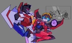 1girls 2boys blue_eyes bumblebee_(transformers) crying cuckold female male netorare penis pussy red_eyes robot rottingsoup_(artist) sex starscream steam transformers transformers_cyberverse vaginal_penetration watching windblade window